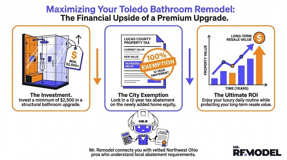 A financial roadmap infographic explaining the Toledo Residential Tax Abatement, showing how Lucas County homeowners can secure a 12-year tax exemption on increased property value by investing $2,500 or more in a bathroom remodel.